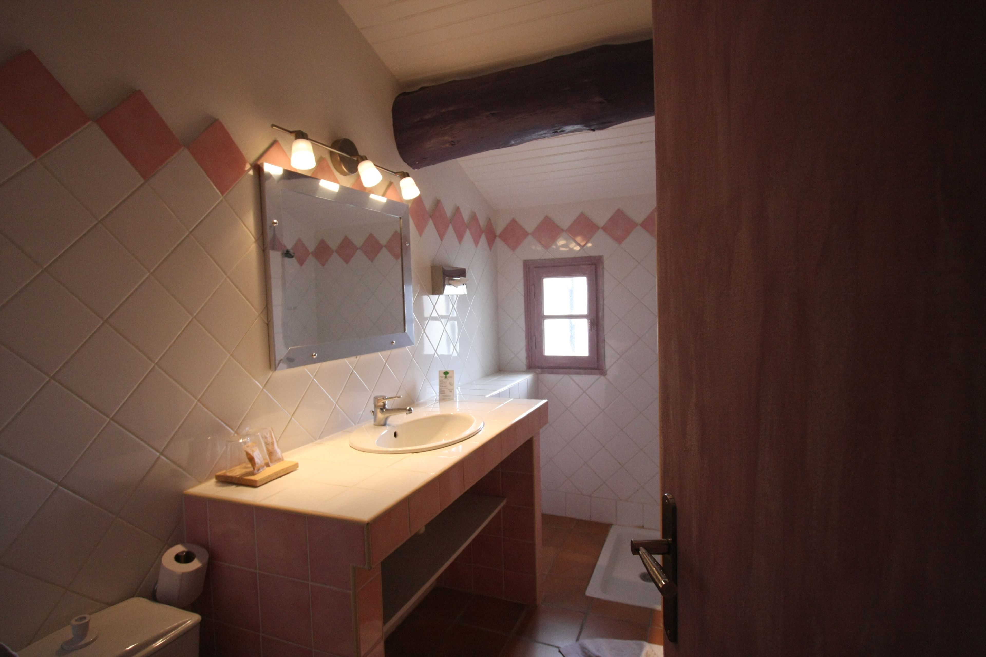 A bathroom with a sink, mirror, and a window.