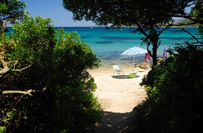 På stranden, liggestole, parasoller, snorkling