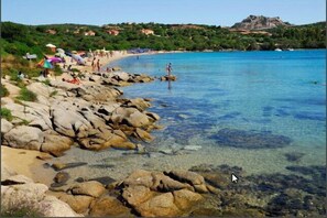 On the beach, sun-loungers, beach umbrellas, snorkelling