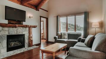 Flat-screen TV, fireplace, DVD player