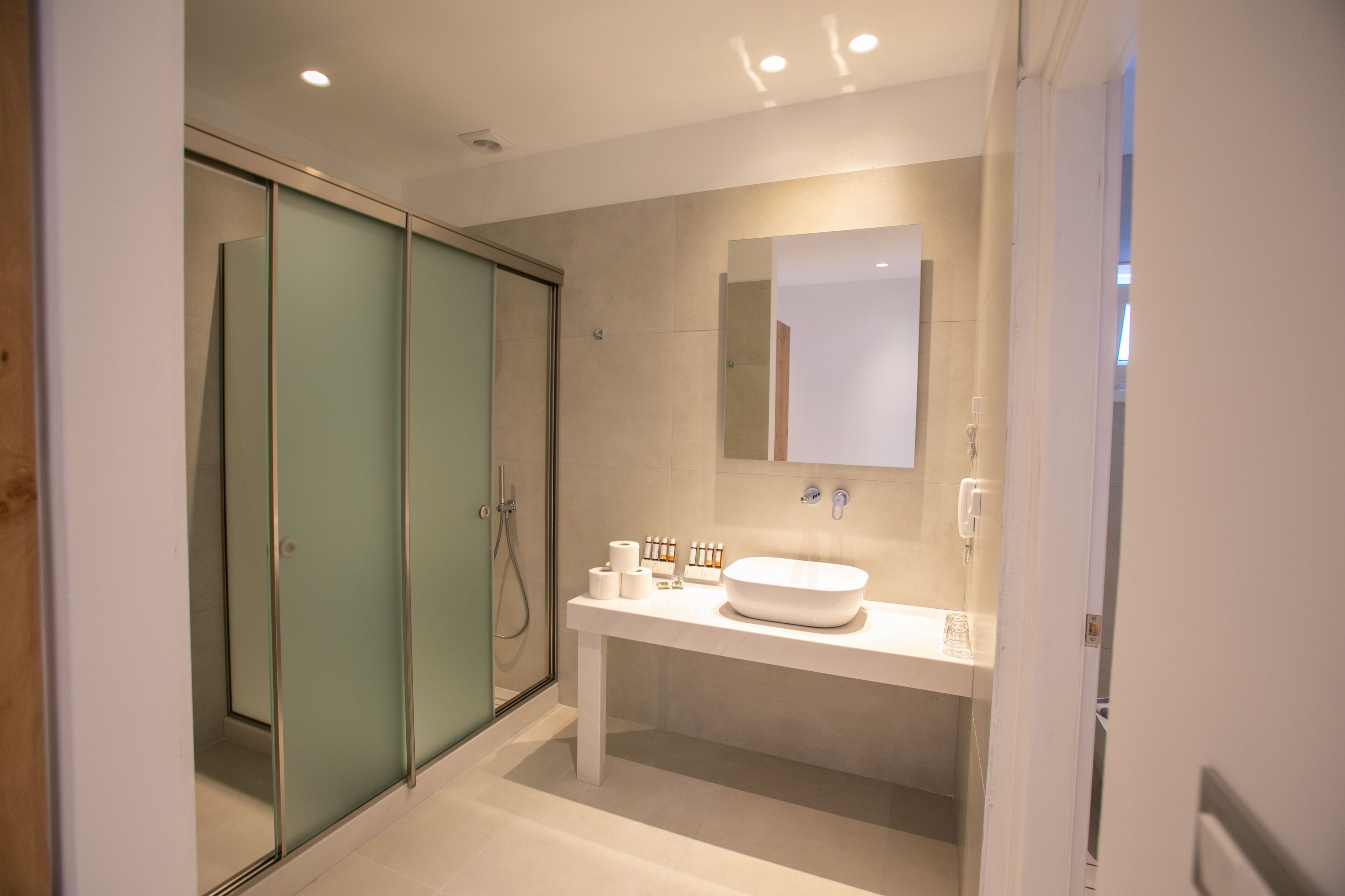 A modern bathroom with a glass-enclosed shower, a white sink, and a mirror above it.