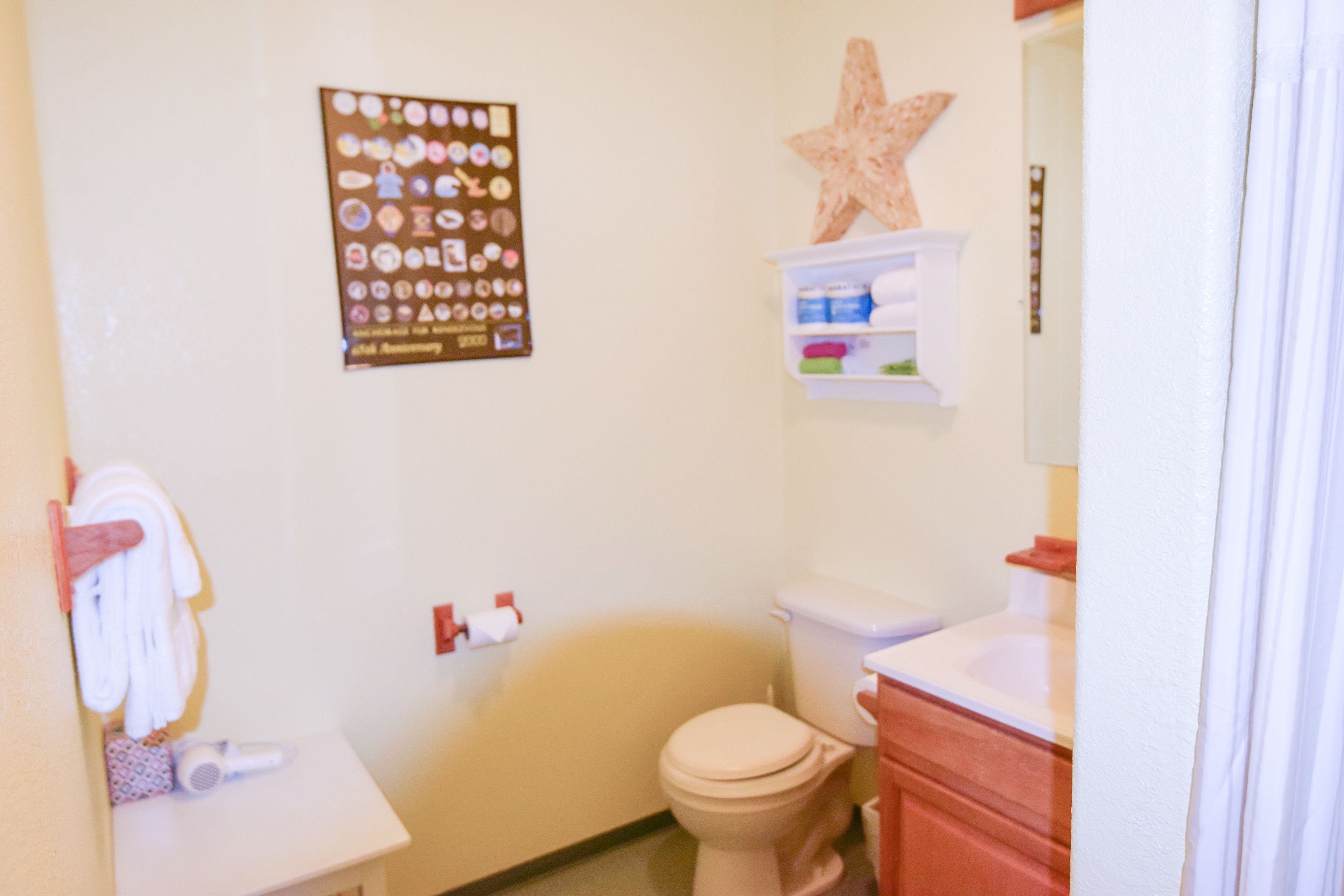 Un bagno con il water, un lavandino, un portasciugamani e una decorazione a stella marina sul muro.