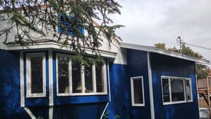 Una casa azul con muchas ventanas y una chimenea visible.