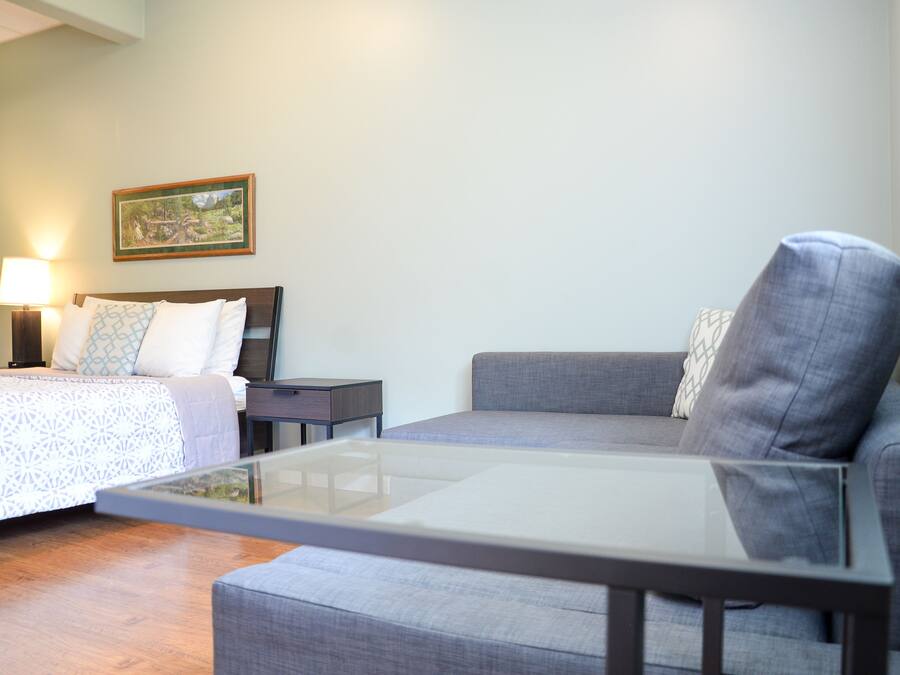 A hotel room with a bed, a gray sofa, a glass coffee table, a nightstand, and a painting on the wall.