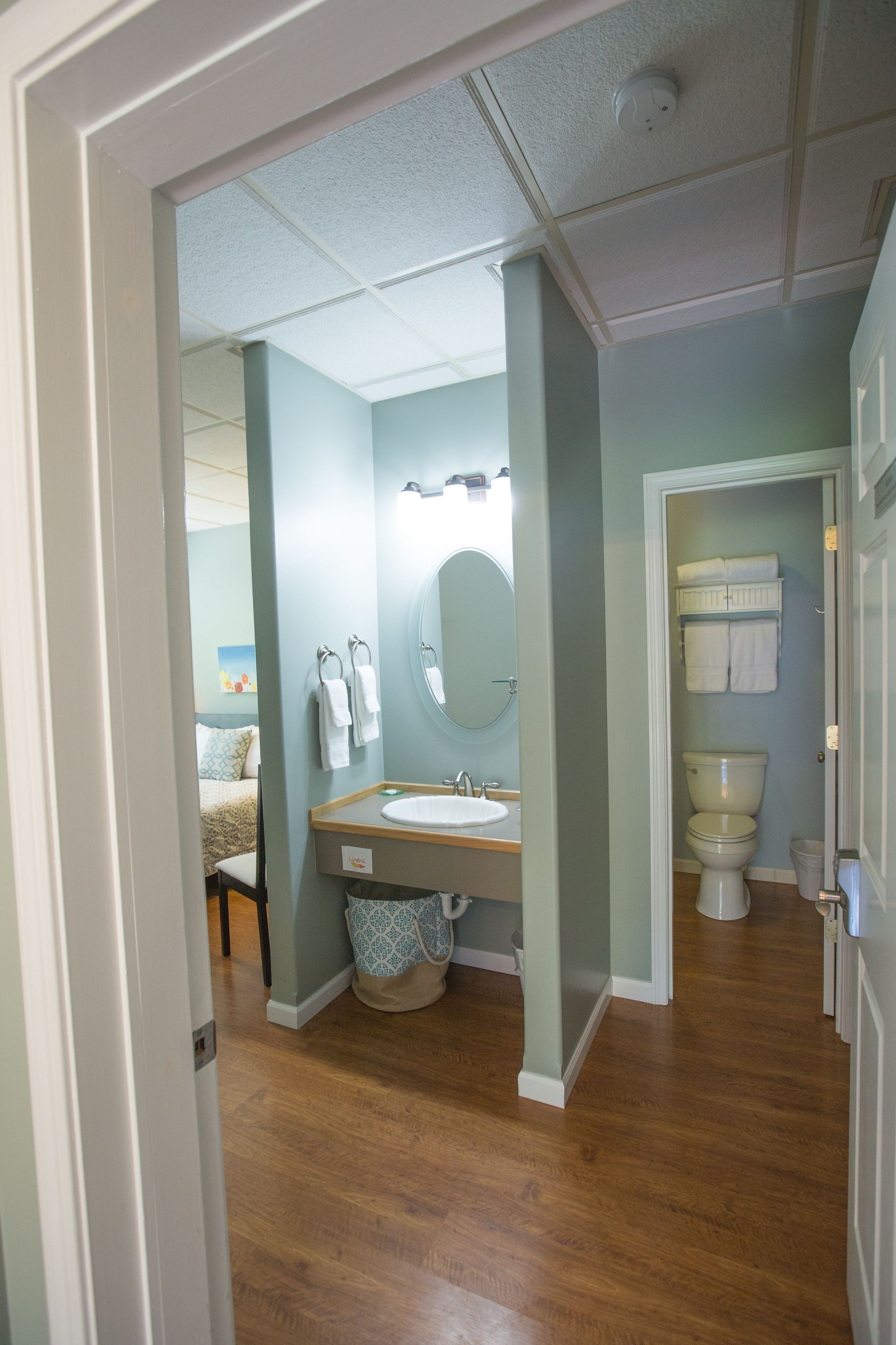 A bathroom with a wooden floor, a sink, a toilet, and a mirror.