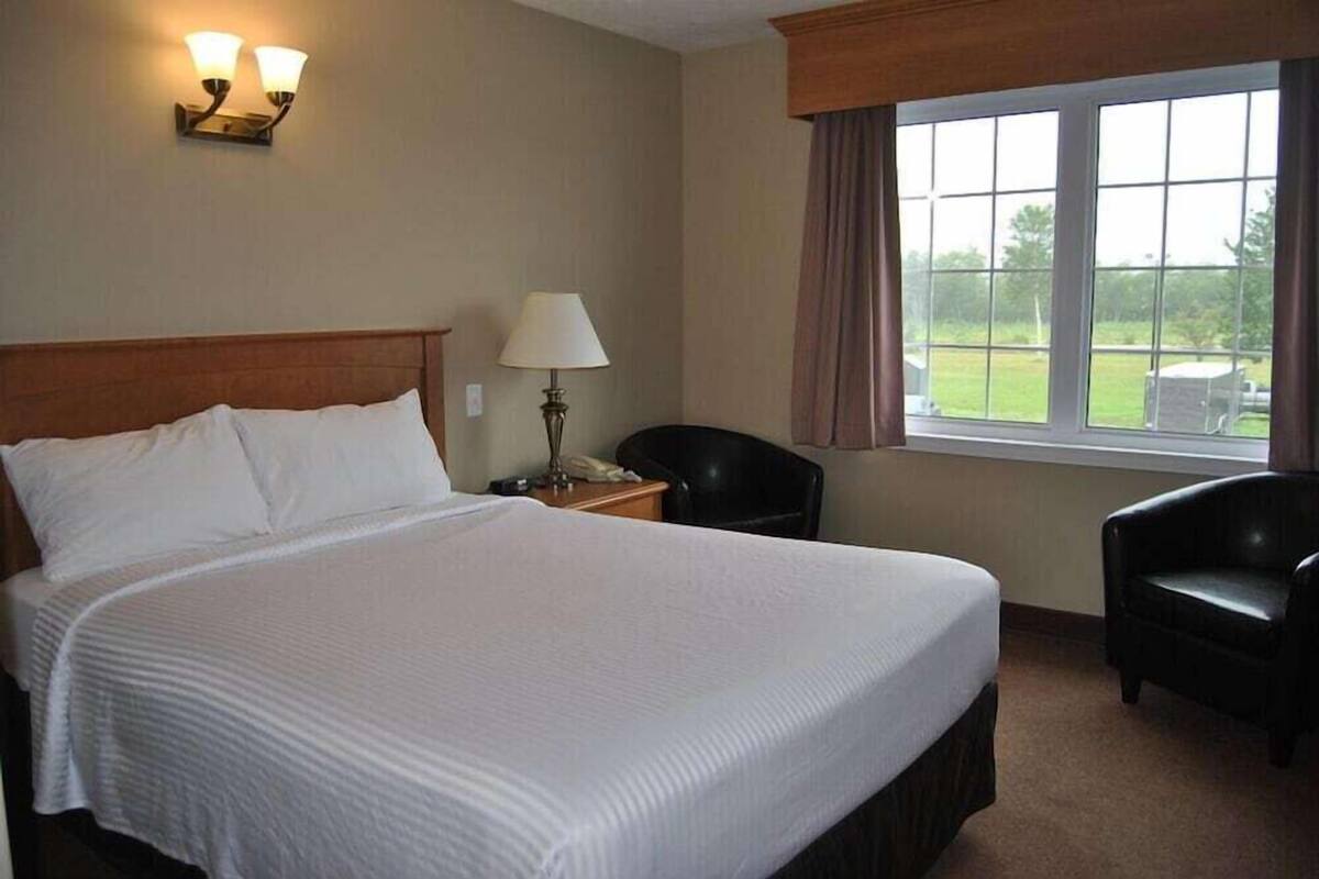 Habitación de hotel con una cama grande, una mesita de noche con lámpara, una silla y una ventana con cortinas.