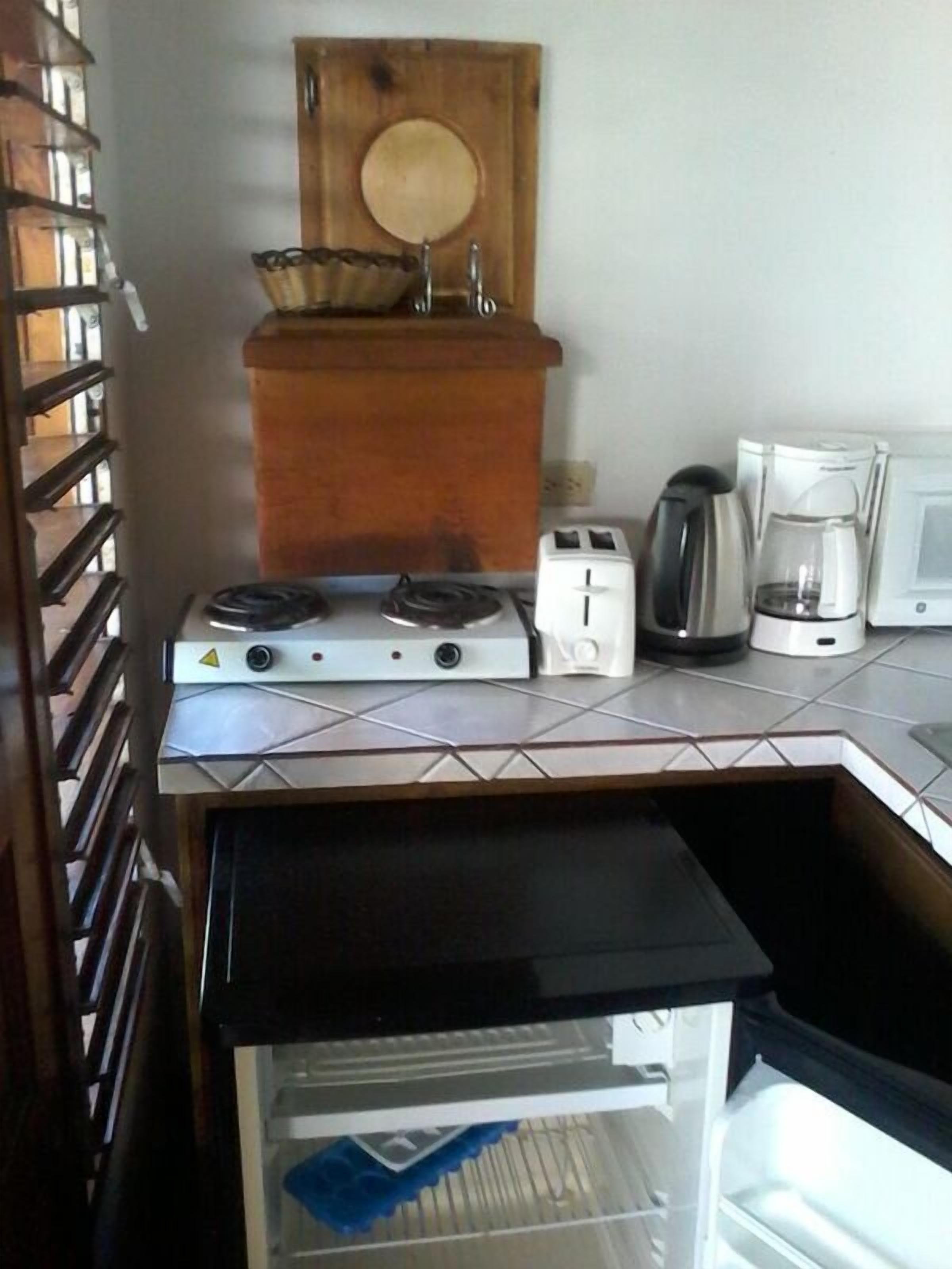 fridge, coffee/tea maker, electric kettle