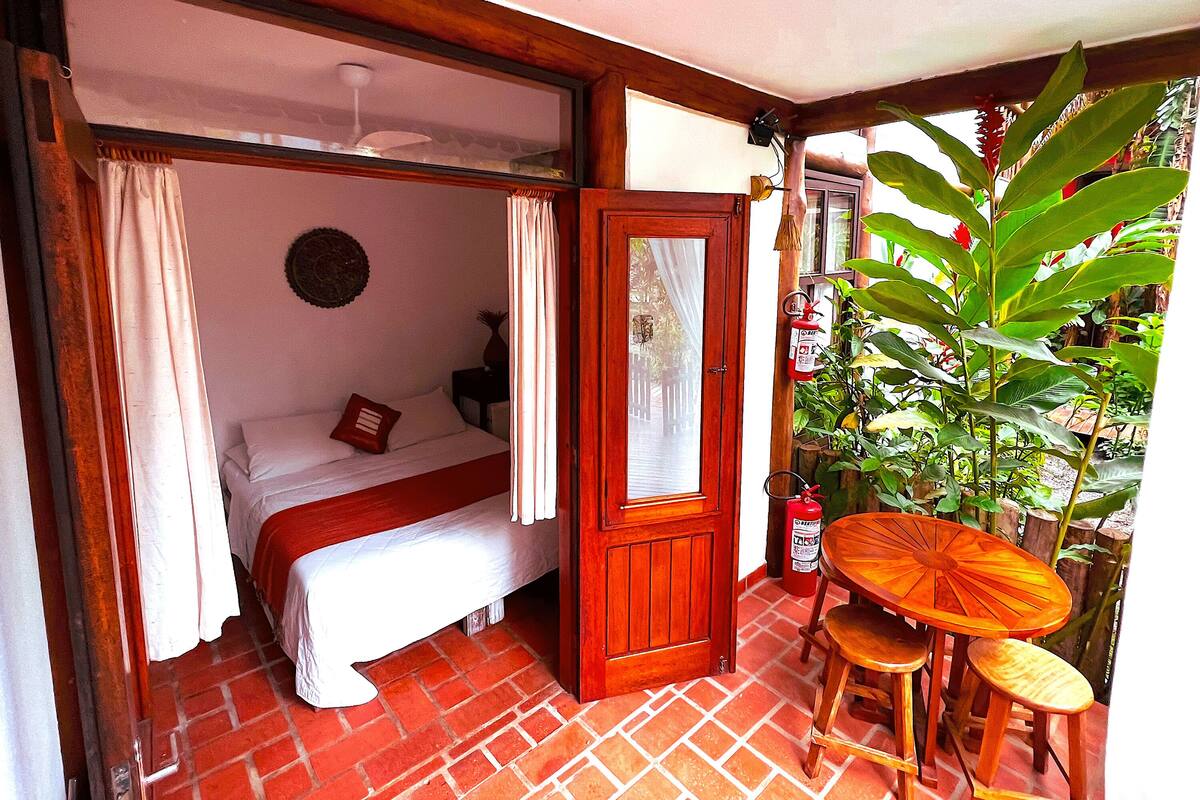 A room with a bed, a wooden door, a small table with two chairs, and a large plant.