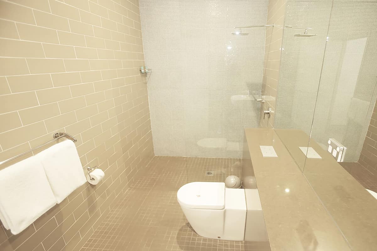 queen room | bathroom | shower, rainfall showerhead, free toiletries, hair dryer