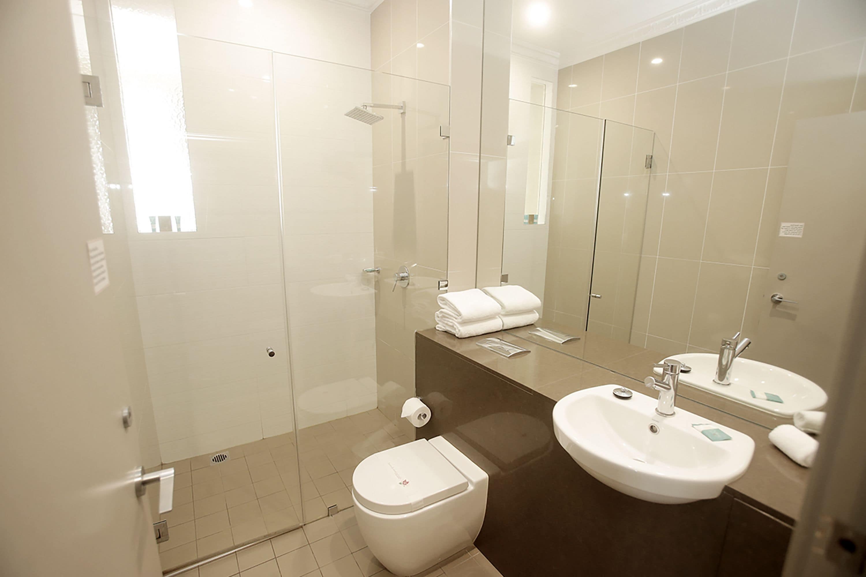 A modern bathroom with a glass shower enclosure, a toilet, a sink with a mirror, and a towel rack.