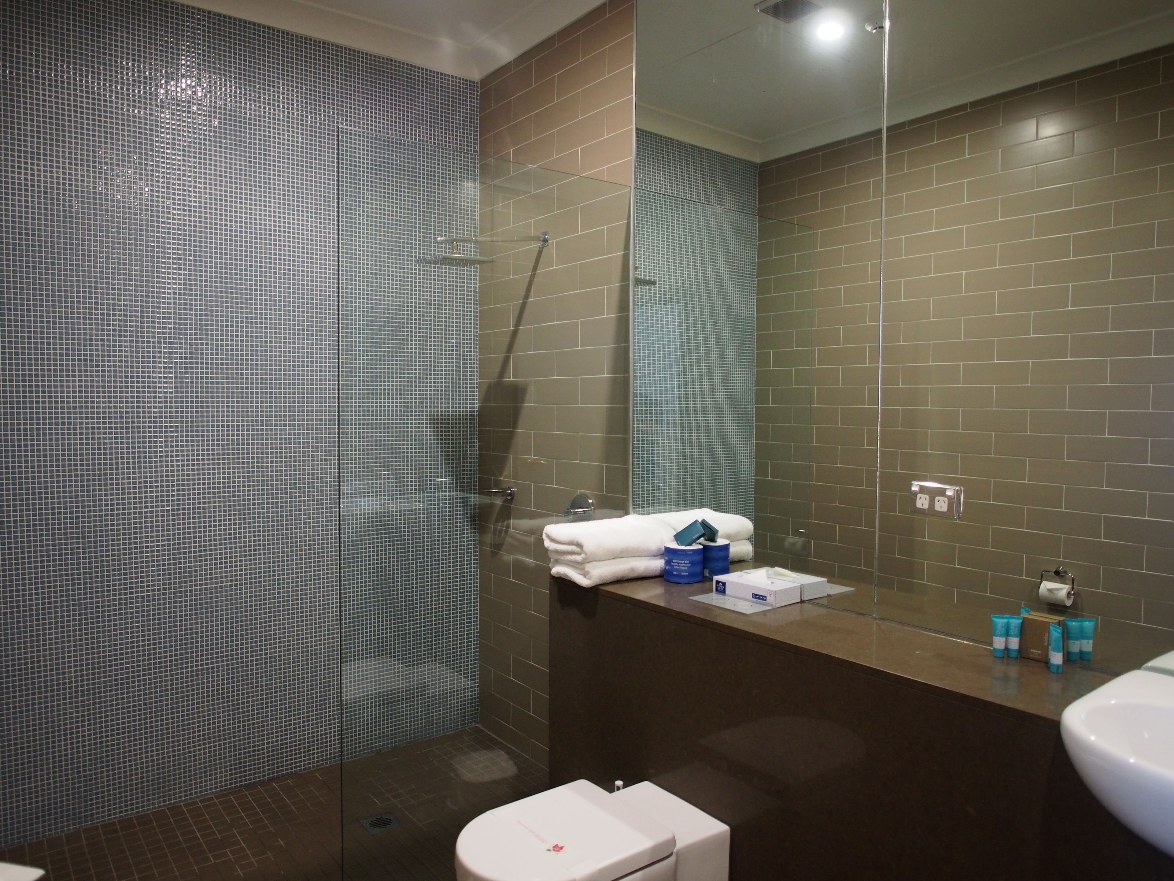 shower, rainfall showerhead, free toiletries, hair dryer