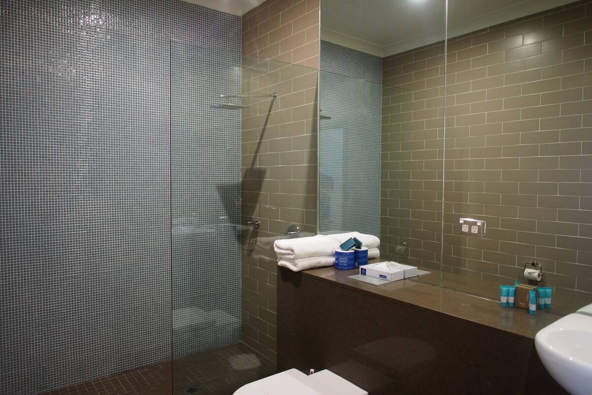 shower, rainfall showerhead, free toiletries, hair dryer