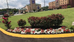 A Sleep Inn hotel with a green lawn, flower beds, and a parking lot.