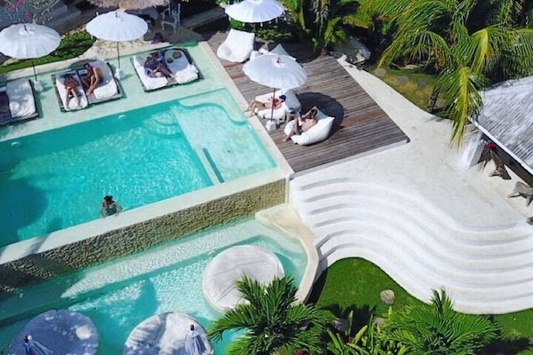 Outdoor pool, pool umbrellas, pool loungers