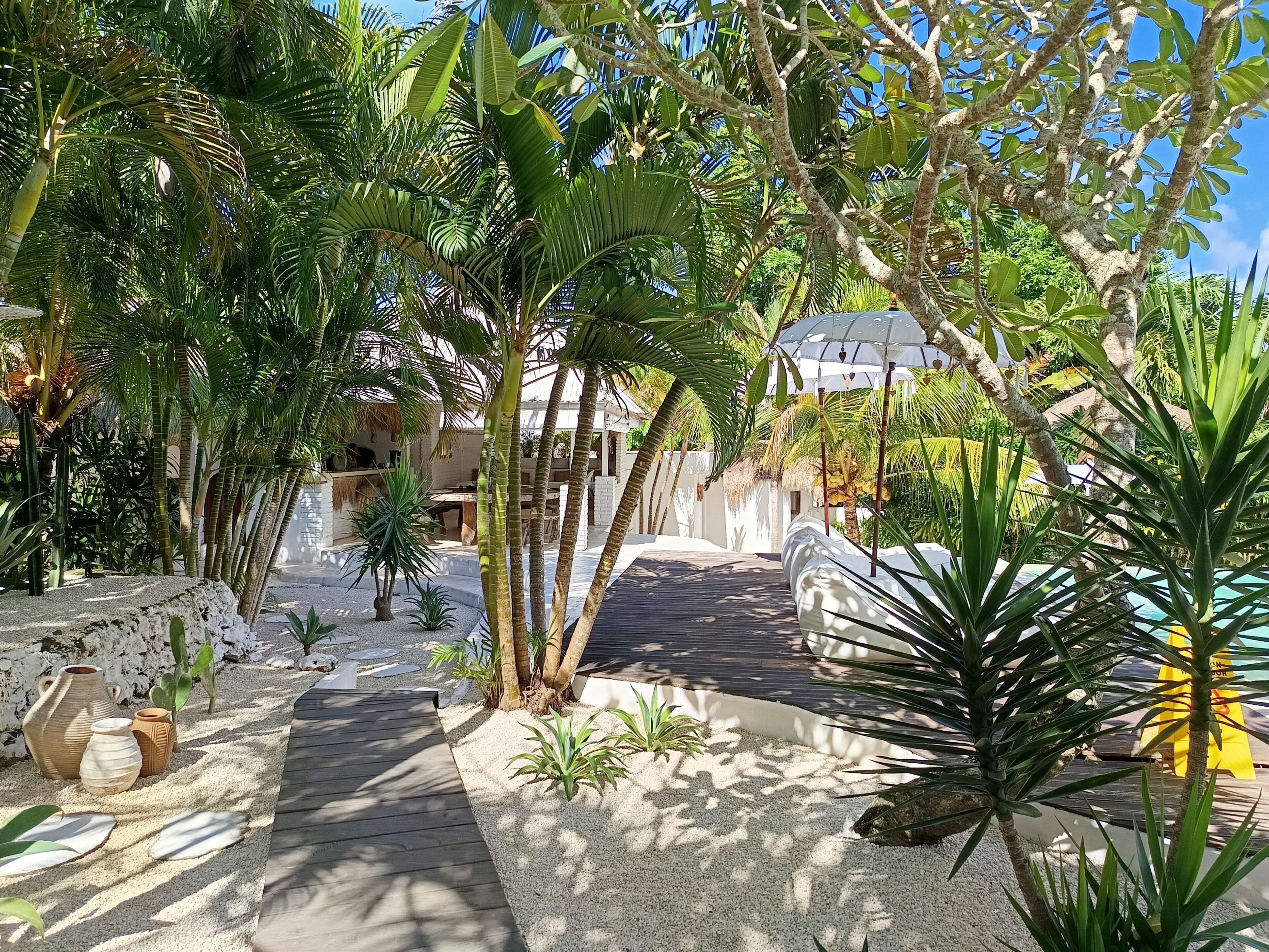 A tropical garden with a wooden pathway, palm trees, and a thatched-roof structure.