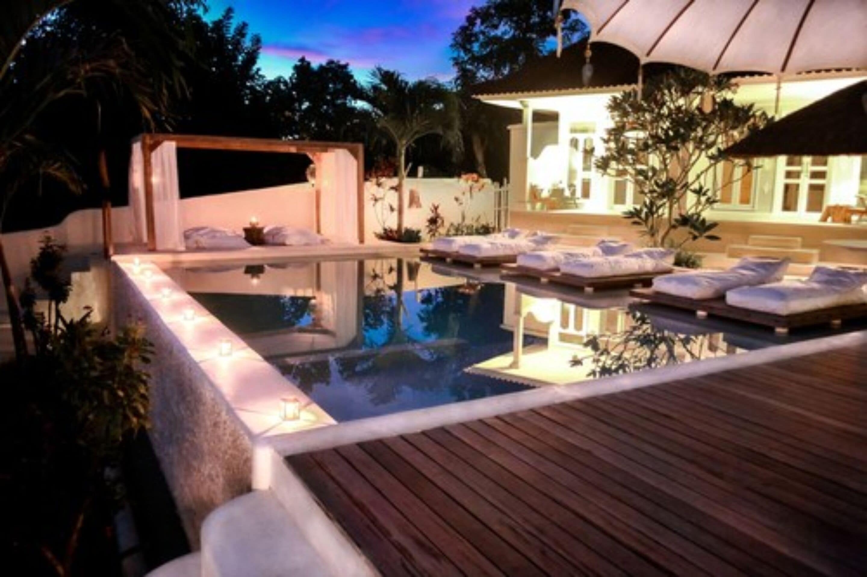 outdoor pool, pool umbrellas, pool loungers