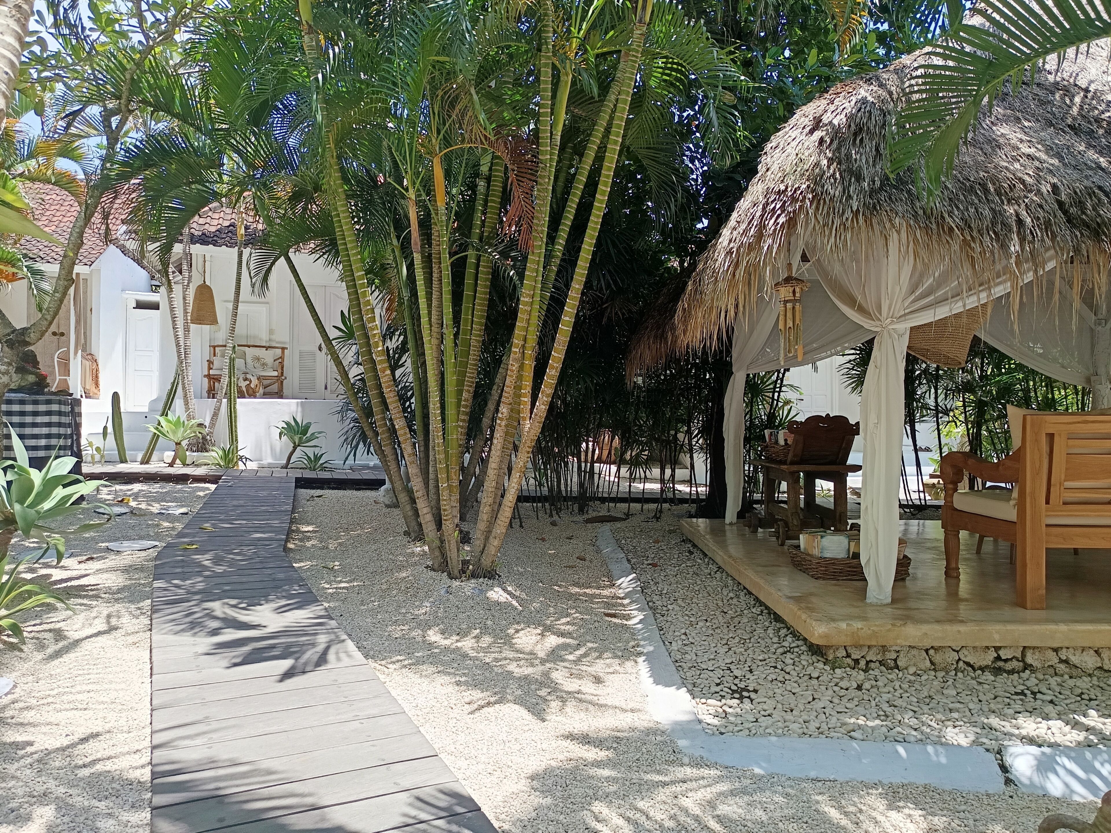 A tropical resort with a wooden deck, palm trees, a thatched-roof structure, and a dining area.