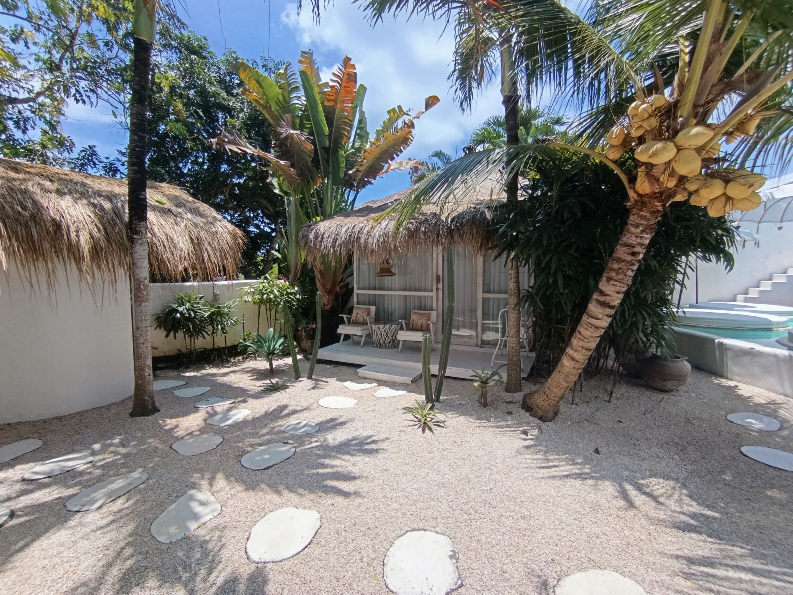 A tropical garden with palm trees, a thatched-roof structure, and a pool area.