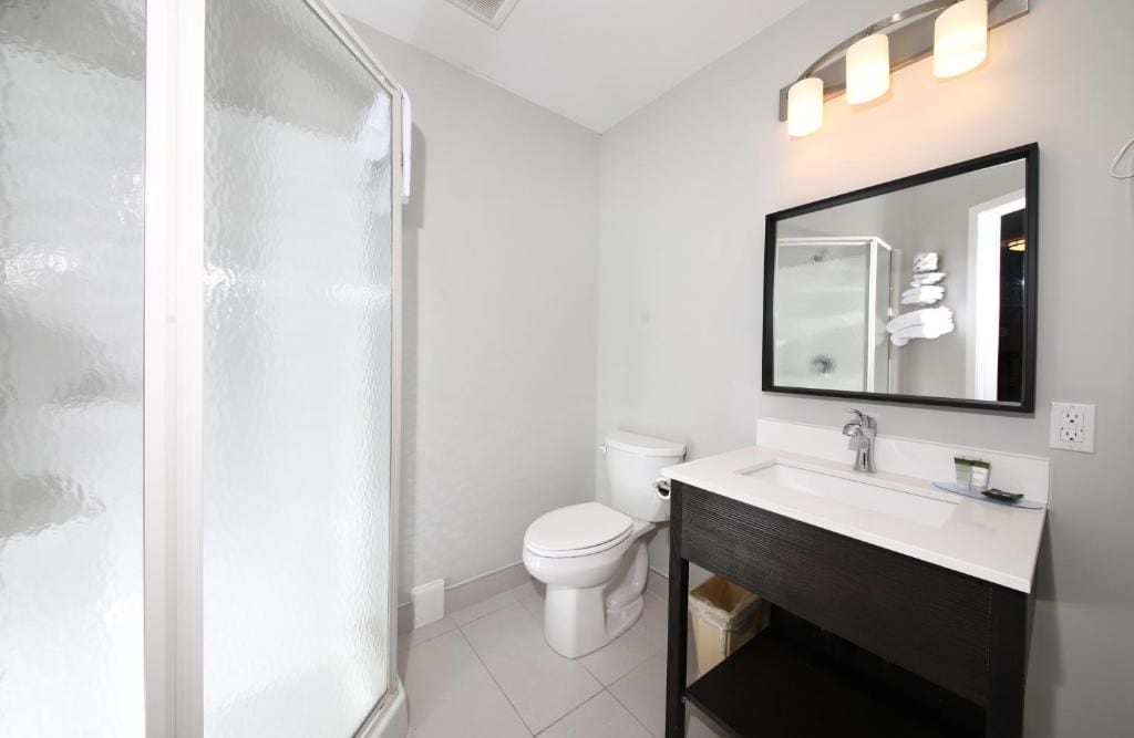 Un baño con inodoro, lavamanos y espejo.