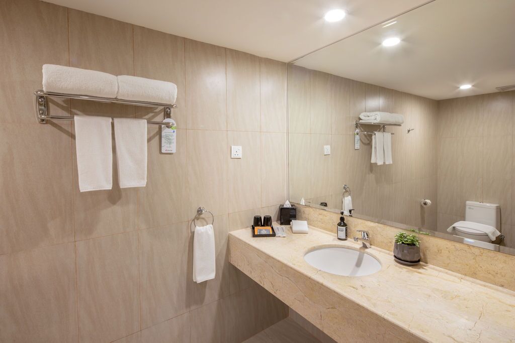 deluxe room, 1 king bed | bathroom | shower, hair dryer, towels