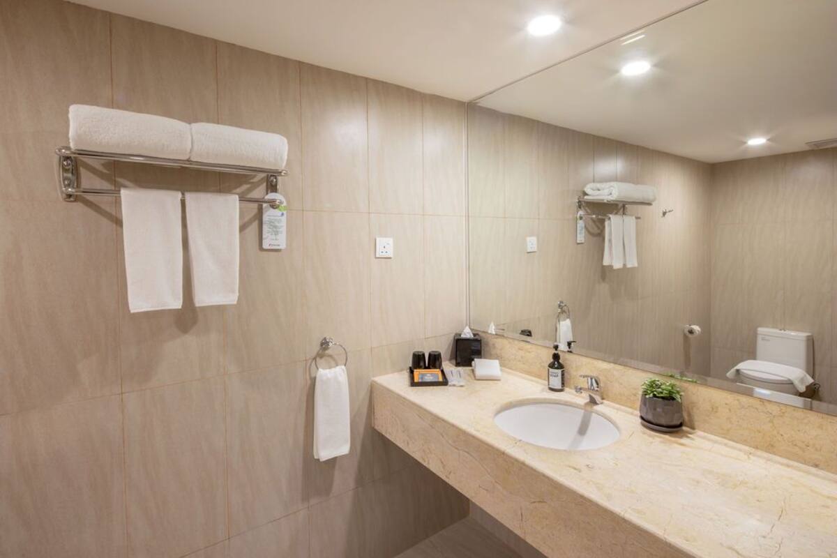 deluxe room, 1 king bed | bathroom | shower, hair dryer, towels