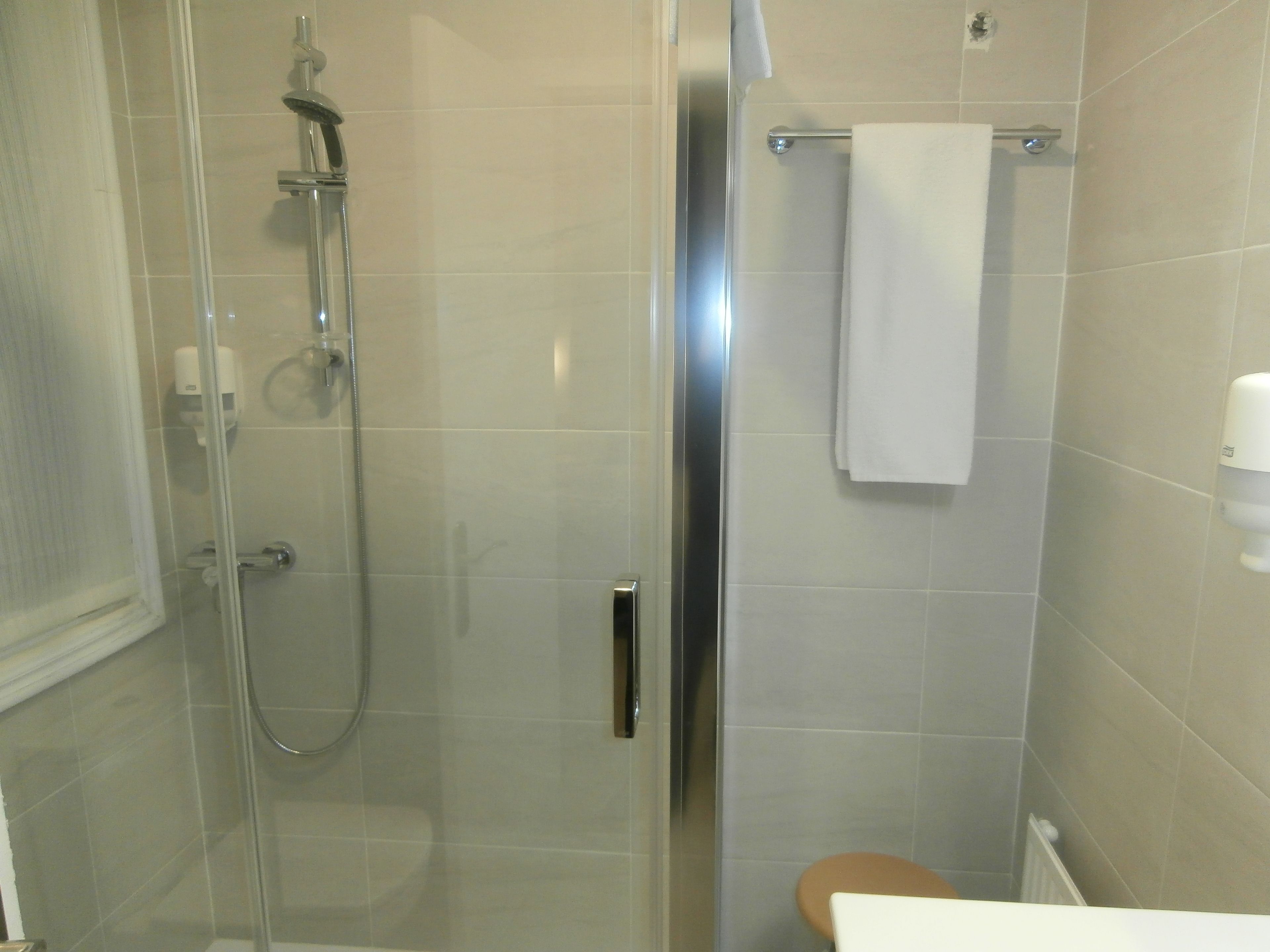 A bathroom with a glass-enclosed shower, a toilet, and a towel rack.