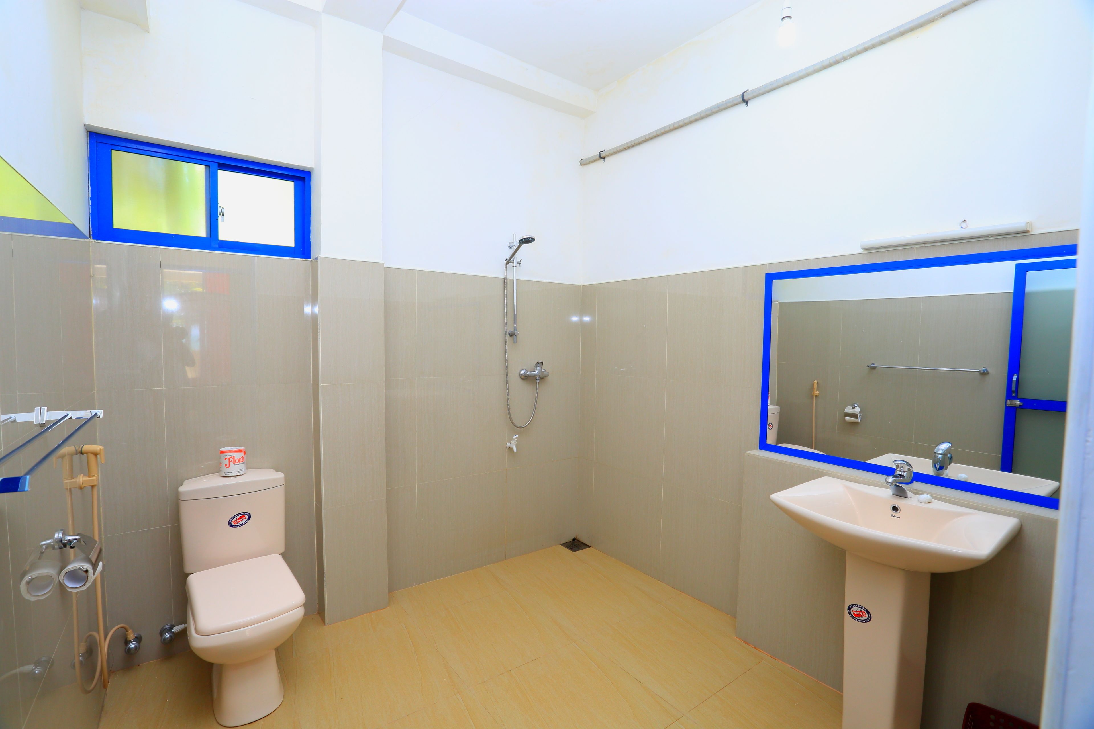 Een kleine badkamer met toilet, douche en wastafel.