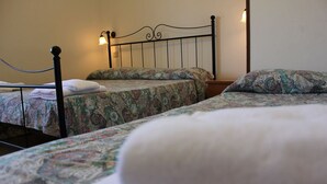 Una habitación con dos camas individuales, cada una con una colcha estampada y un almohadón blanco. Hay una mesita de noche con una lámpara entre las camas.