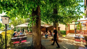 Un café al aire libre con mesas y sillas bajo árboles grandes, un camarero caminando y un edificio al fondo.