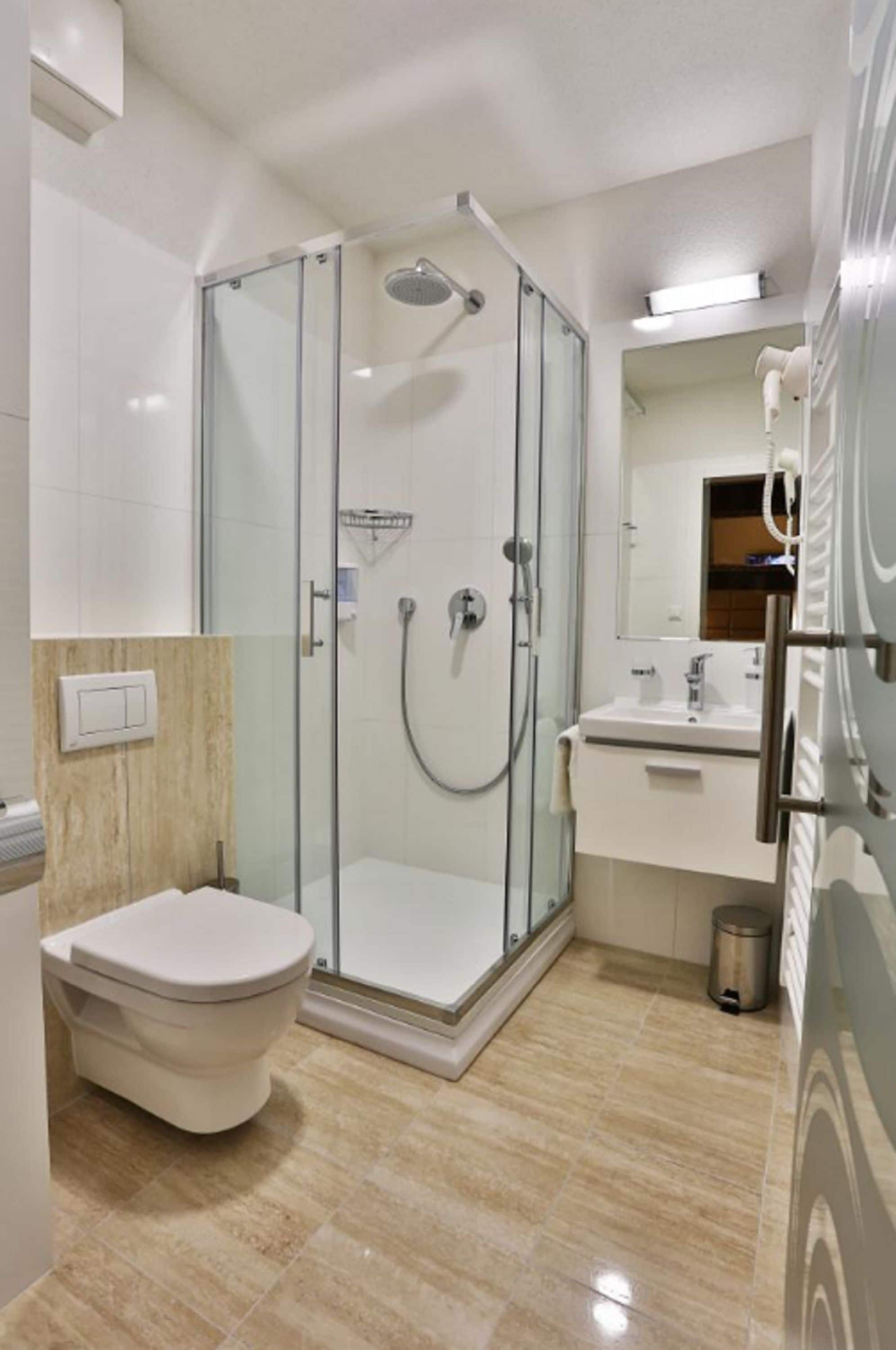 A modern bathroom with a glass-enclosed shower, a toilet, a sink, and a mirror.