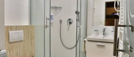 A modern bathroom with a glass-enclosed shower, a toilet, a sink, and a mirror.