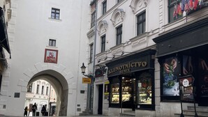 Vista de la calle con un edificio que muestra un cartel para 'KLENOPTIKO BENIX' y una recepción 'VIP'.