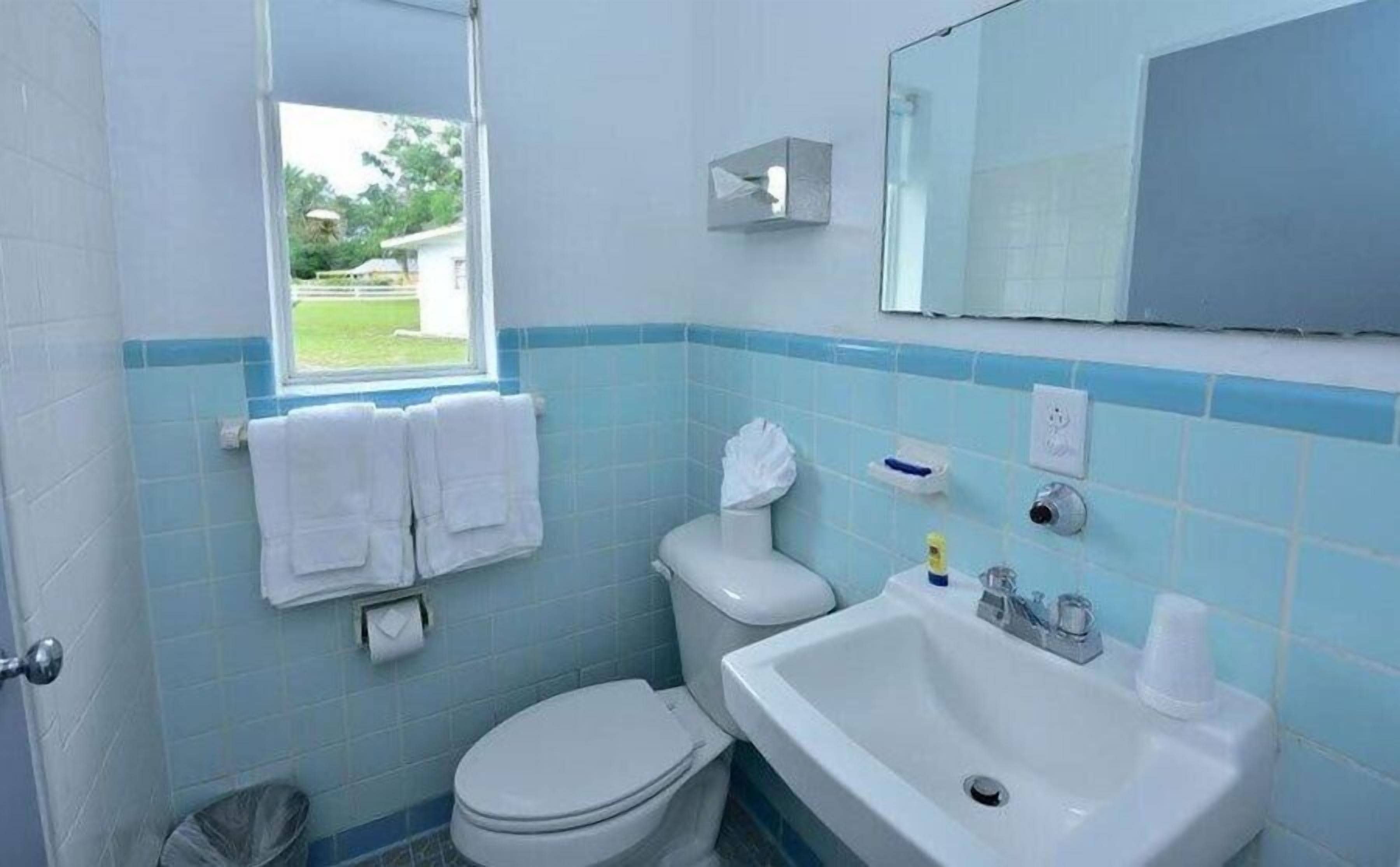 Ein Badezimmer mit Toilette, Waschbecken und Fenster.