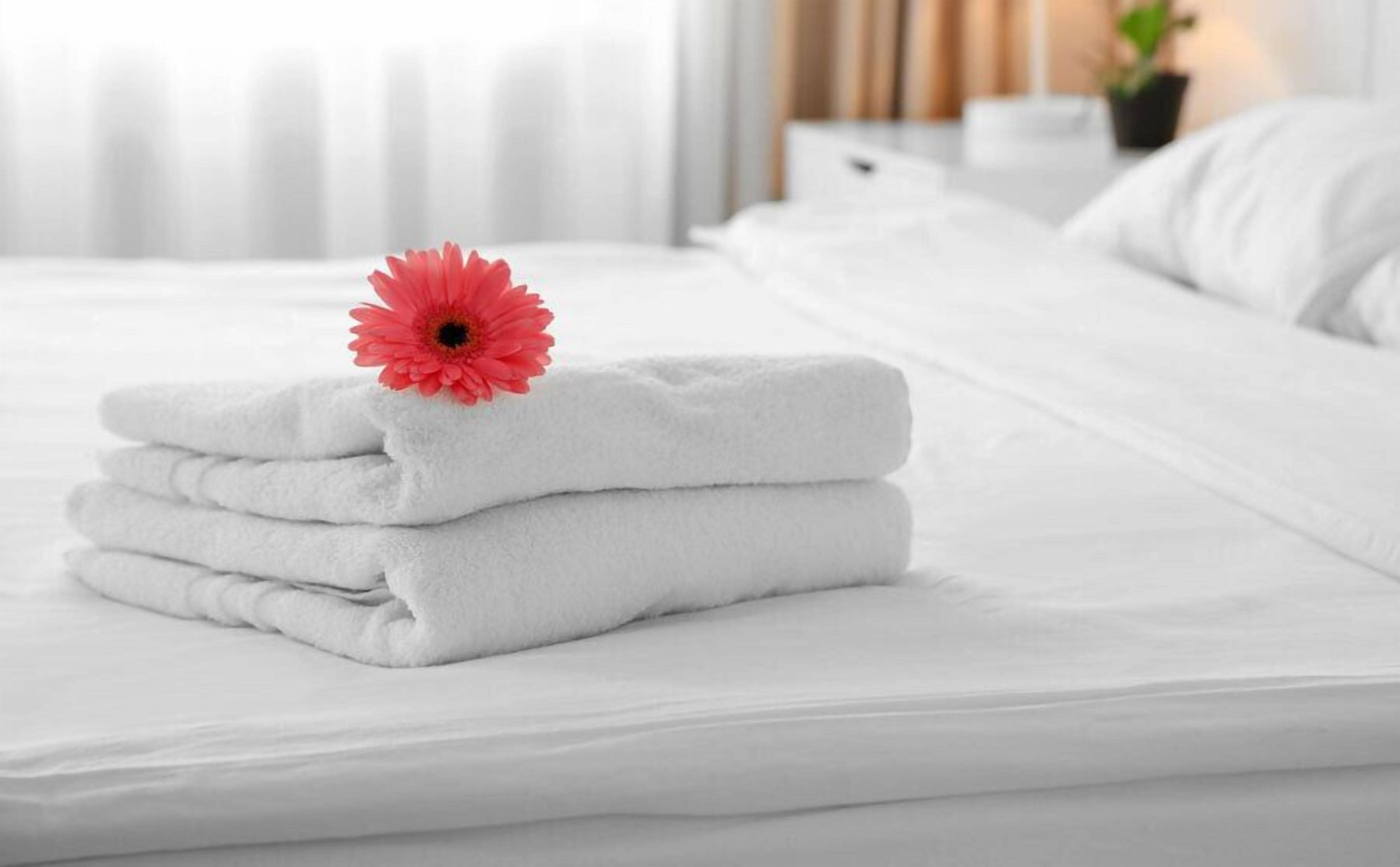 A neatly made bed with folded white towels and a single red flower on top.