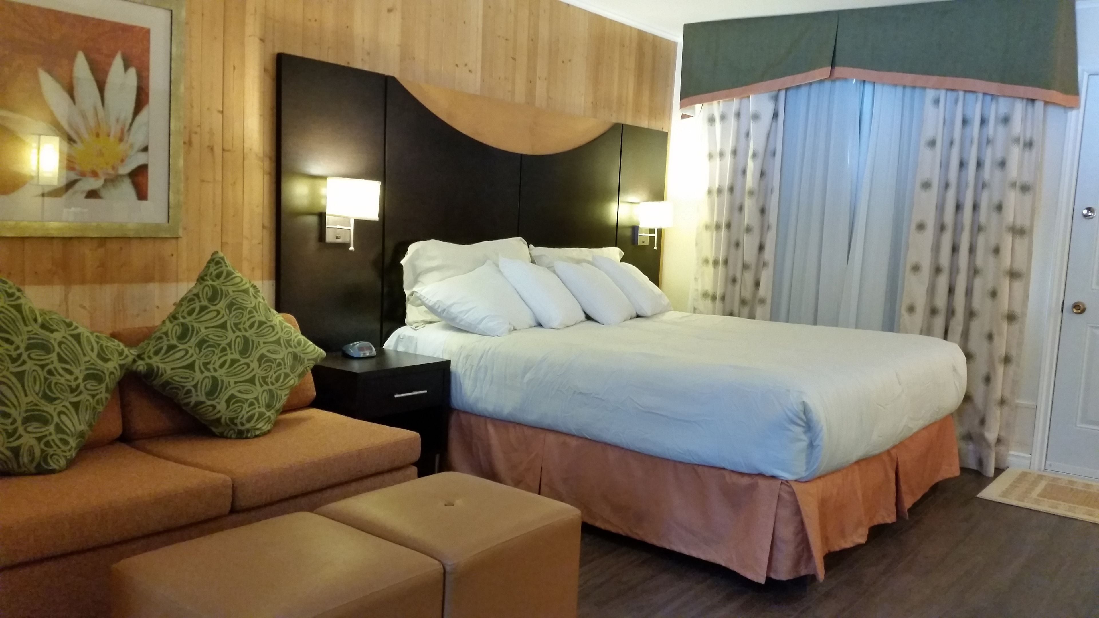 A hotel room with a bed, a nightstand, a lamp, a sofa, and a patterned pillow.