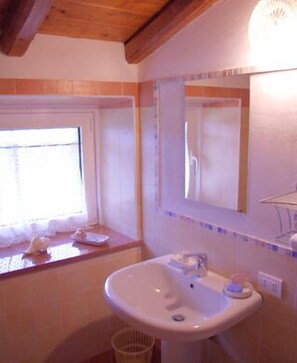 Dubbelrum - utsikt mot vingård | Badrum | Dusch, hårtork och handdukar