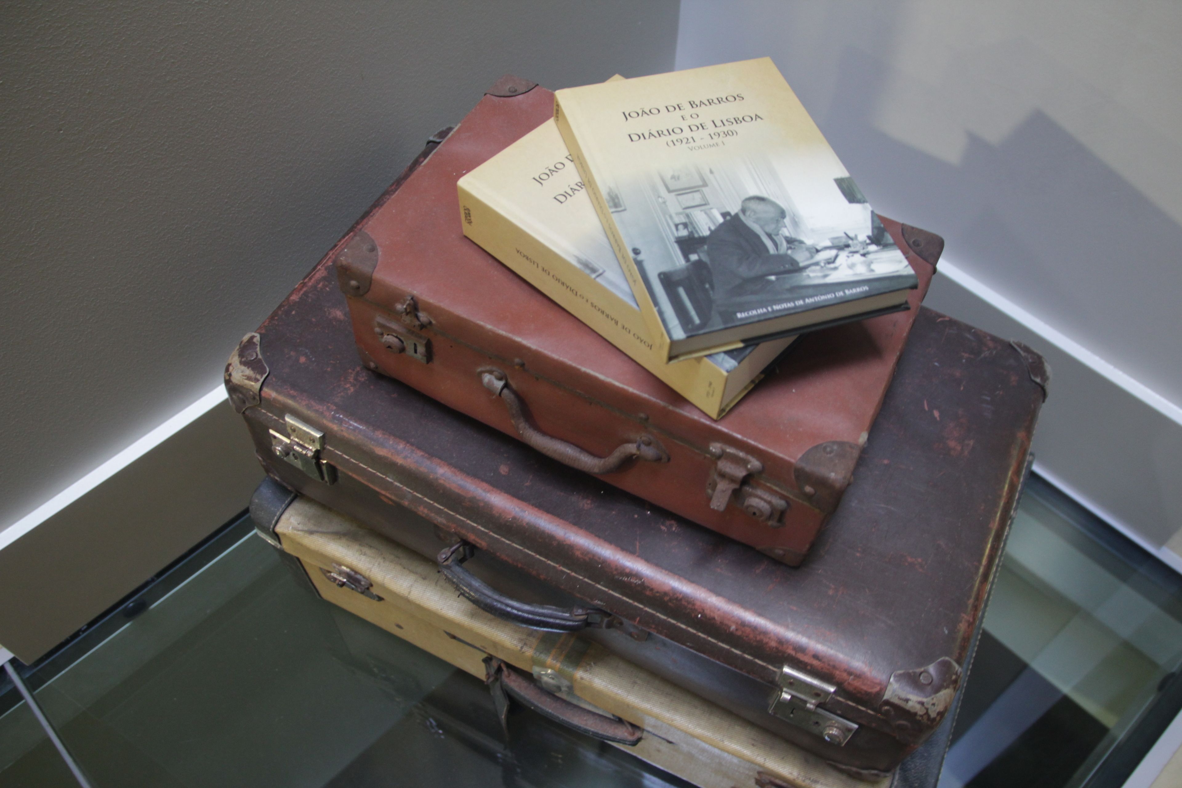 Two books titled 'João de Barros' and 'Diário de Lisboa' placed on a stack of vintage suitcases.