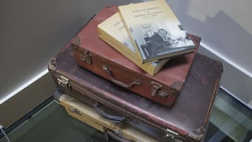 Two books titled 'João de Barros' and 'Diário de Lisboa' placed on a stack of vintage suitcases.