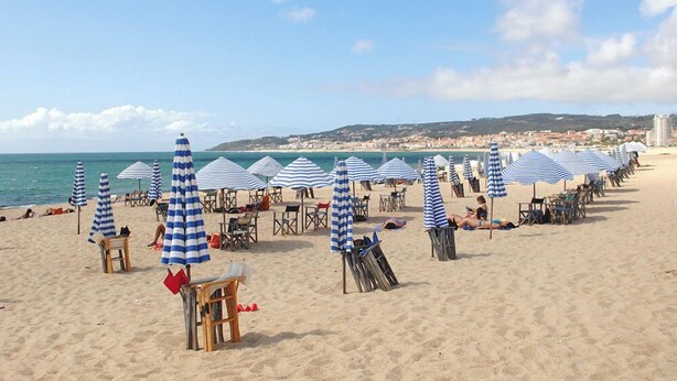 Une plage bordée de rangées de parasols à rayures bleues et blanches, de chaises de plage et de fauteuils de relaxation.