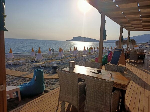 Beach nearby, sun loungers, beach umbrellas, beach bar