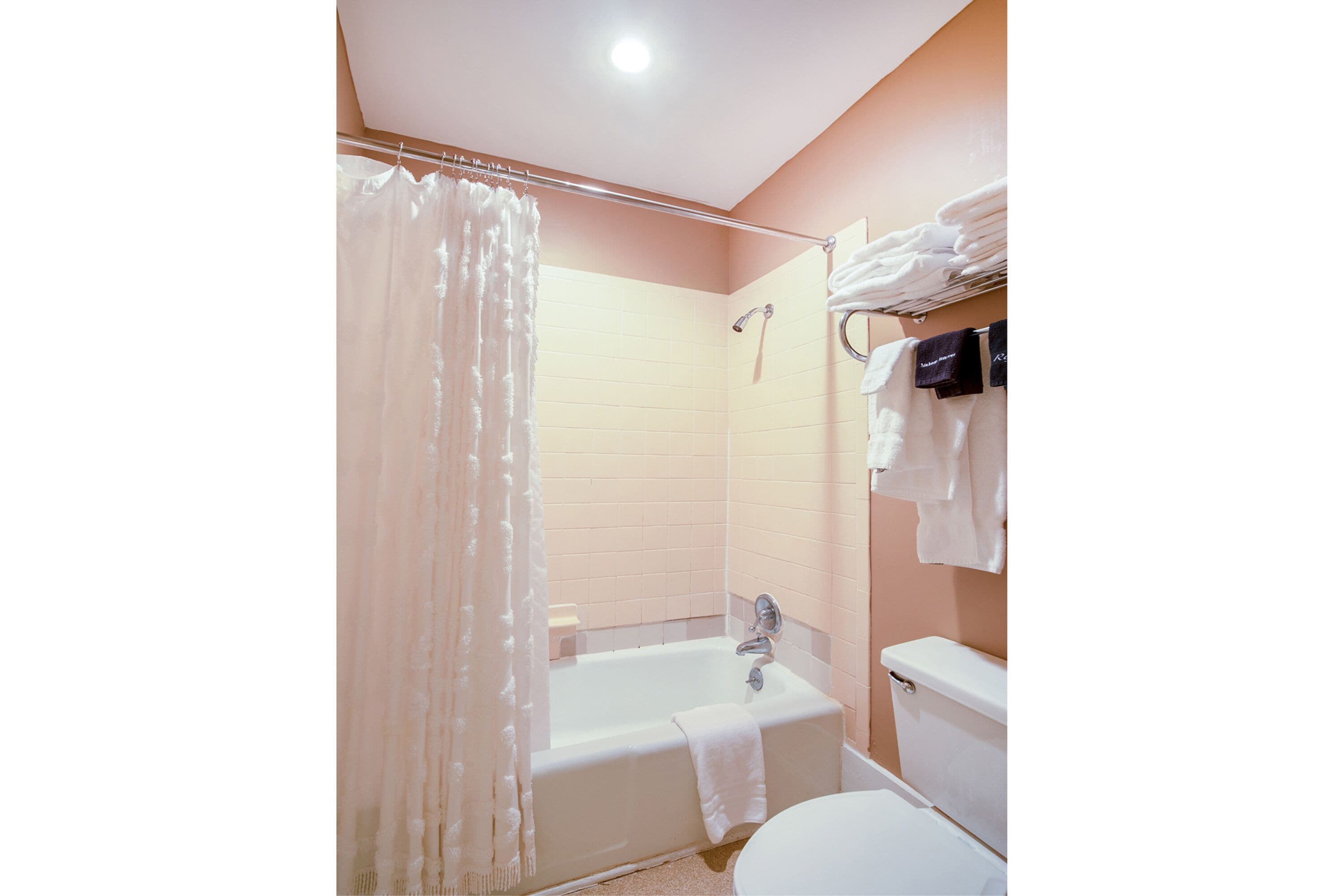 Un baño con bañera, inodoro y barra para toallas.