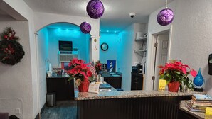 A kitchen with a granite countertop, a coffee machine, and a refrigerator. There are two potted plants with red flowers on the counter. - Budget Inn St. Augustine (St. Augustine)