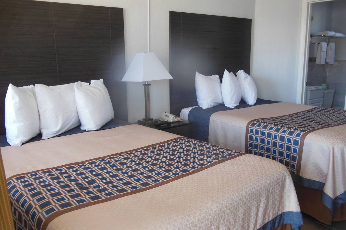Habitación de hotel con dos camas, cada una con una colcha estampada, una lámpara de noche y una mesita de noche con teléfono.