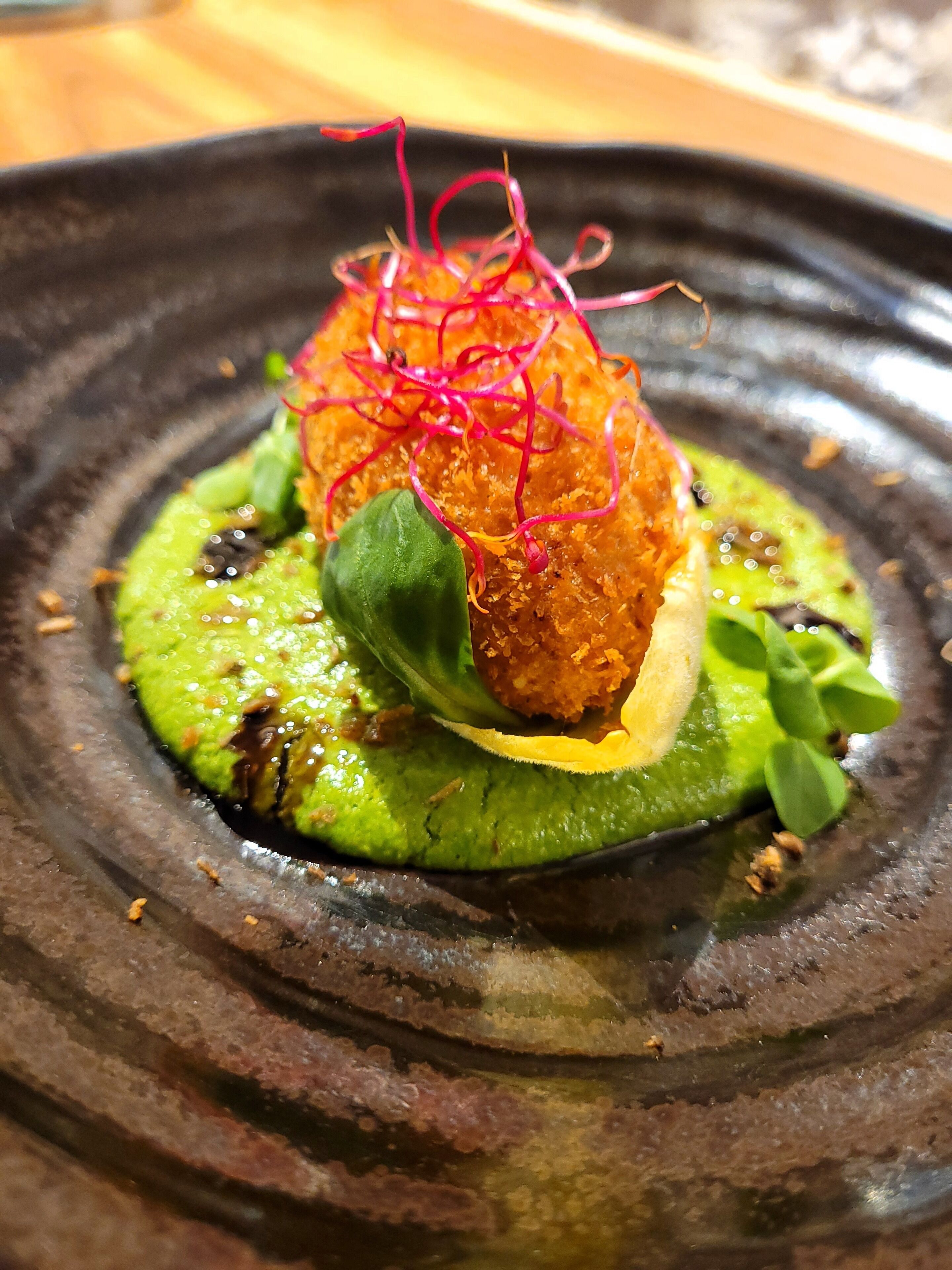 A dish with a green sauce base, a golden-brown item, and red garnish on a dark plate.