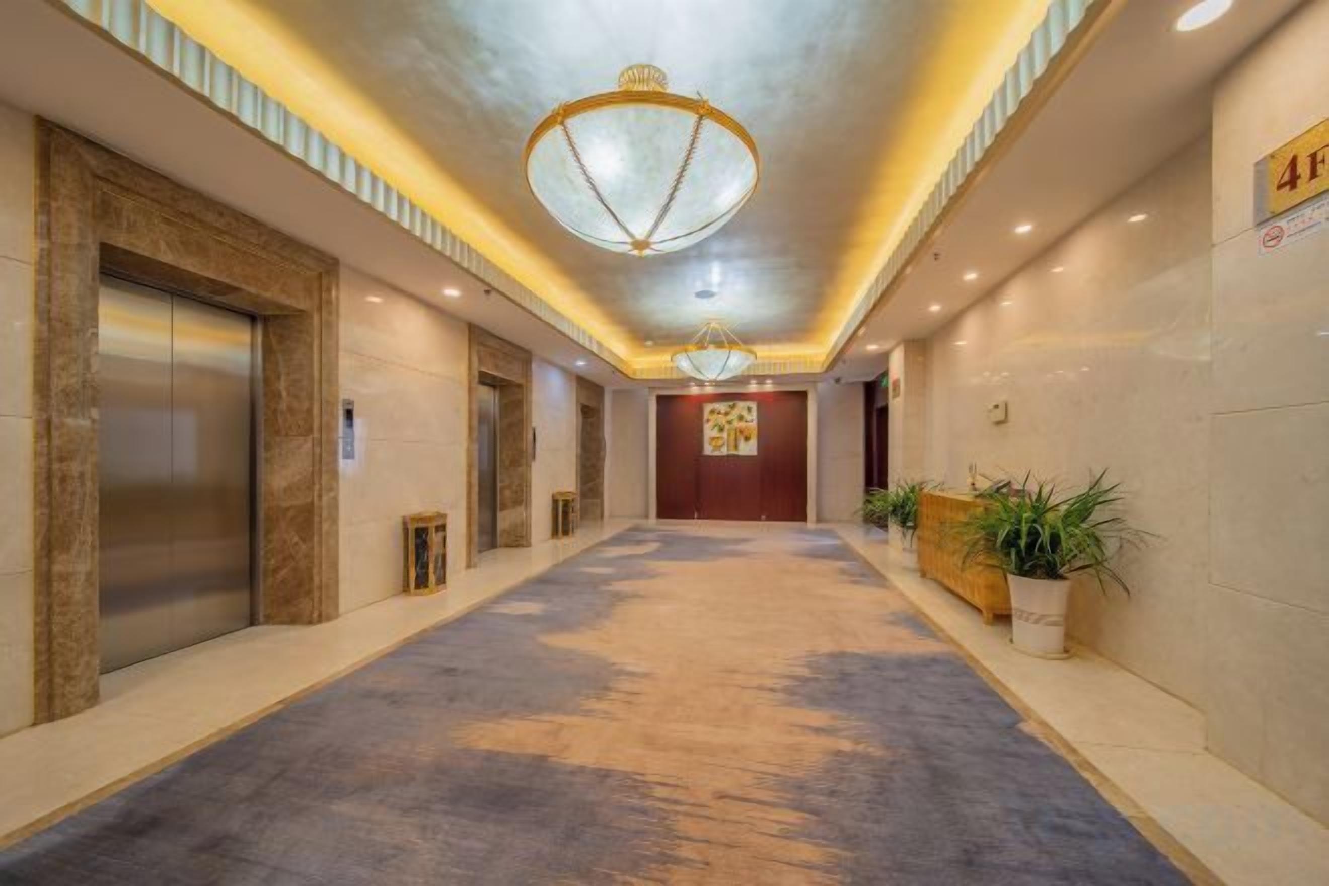 Un pasillo de hotel con ascensores, una recepción y plantas en macetas.