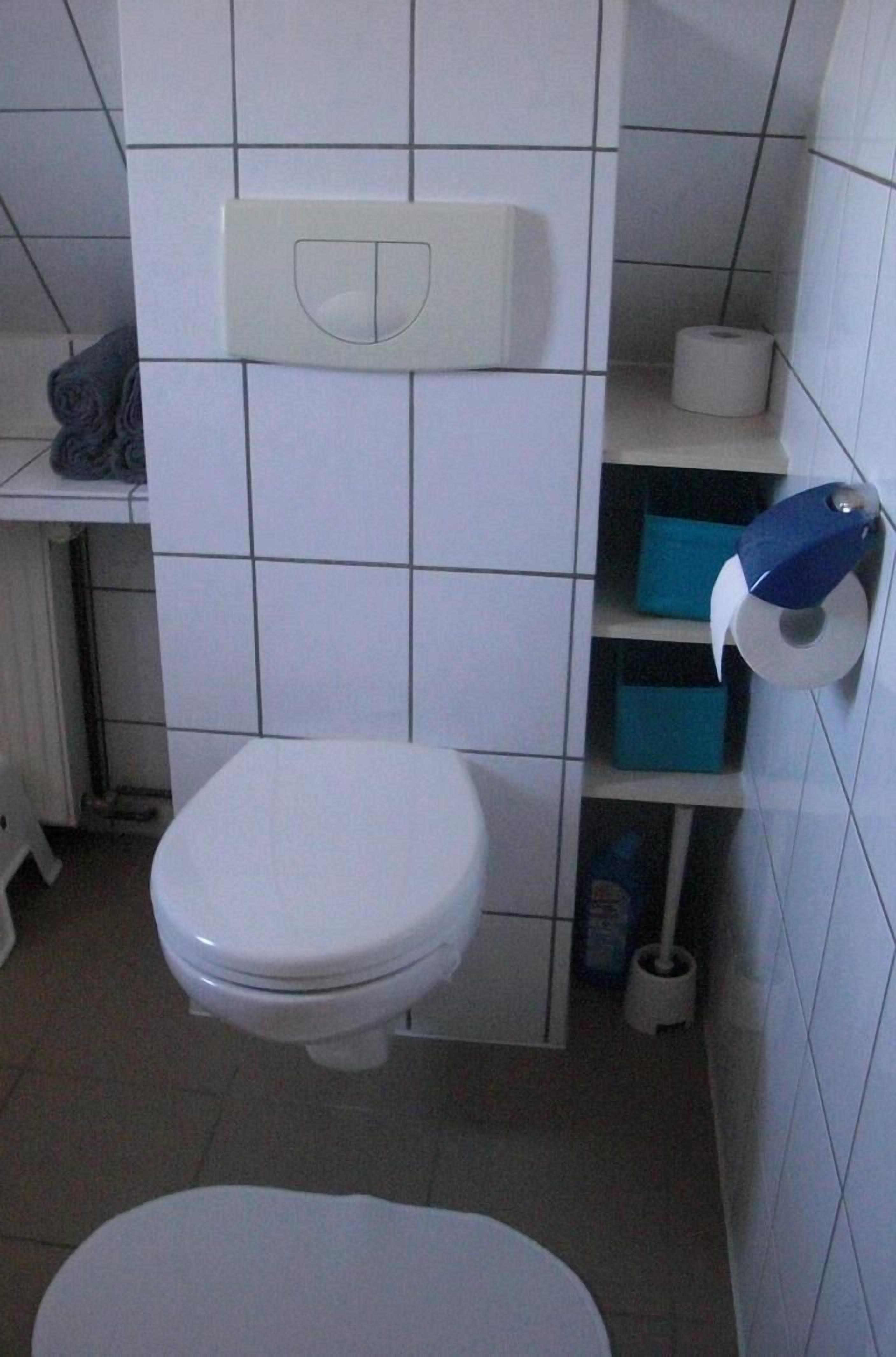 A small bathroom with a toilet, a toilet paper holder, and a shelf with storage boxes.