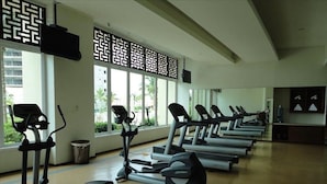 A gym with multiple treadmills and elliptical machines arranged in rows.
