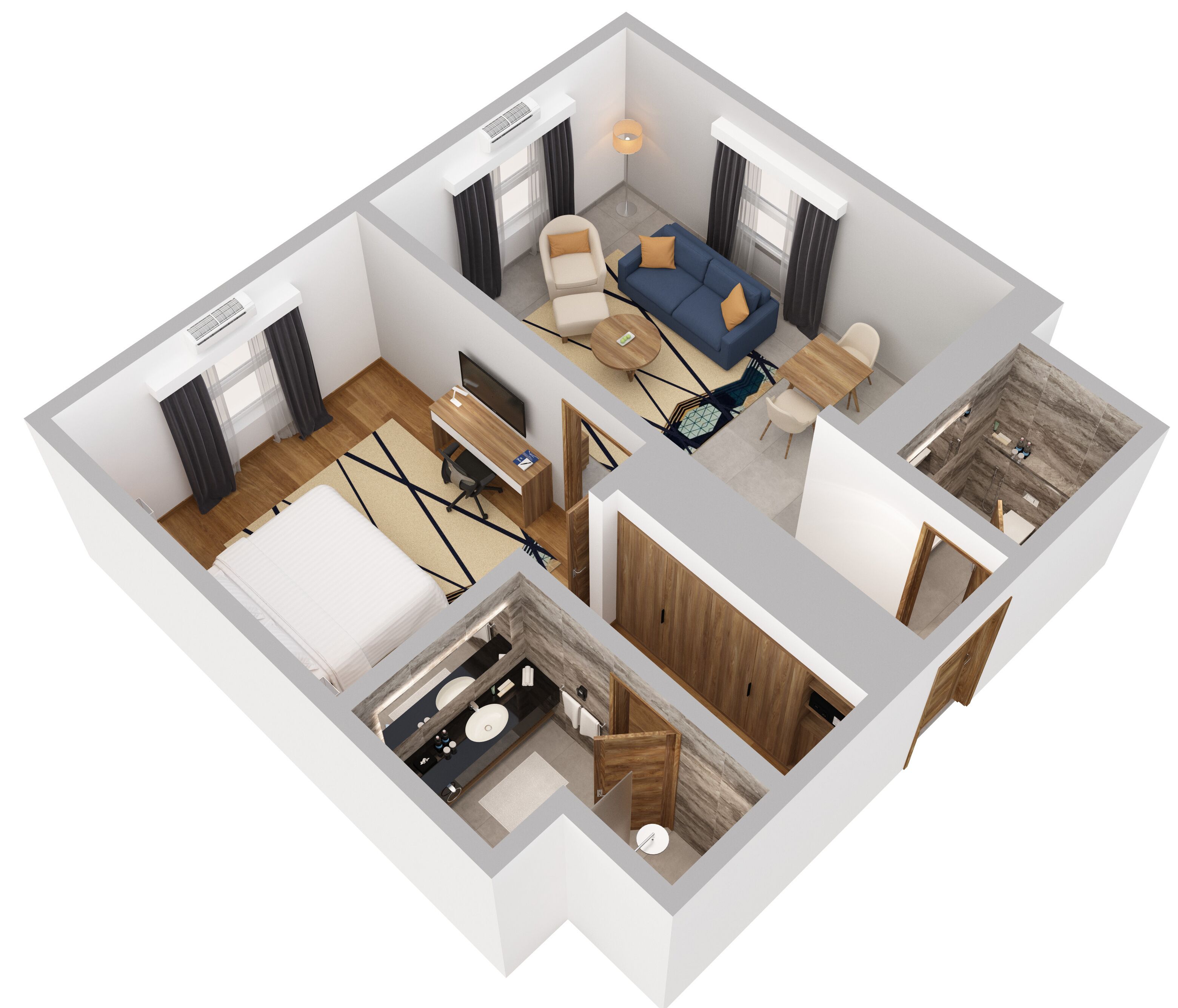A 3D floor plan of a modern apartment with a living room, dining area, kitchen, and bathroom.
