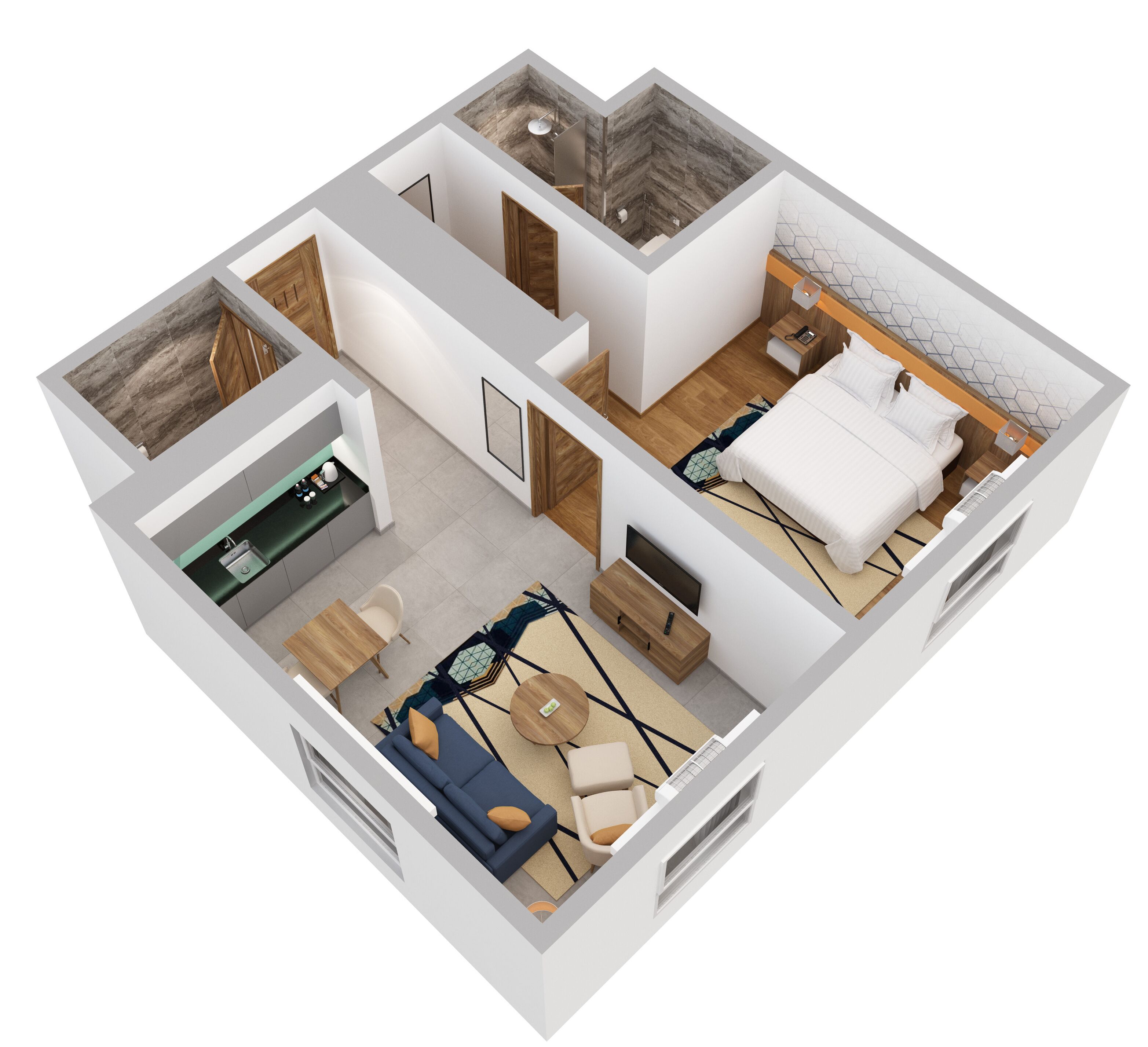 Un plan d’étage en 3D d’un appartement moderne comprenant une cuisine, un espace de vie et une chambre à coucher.