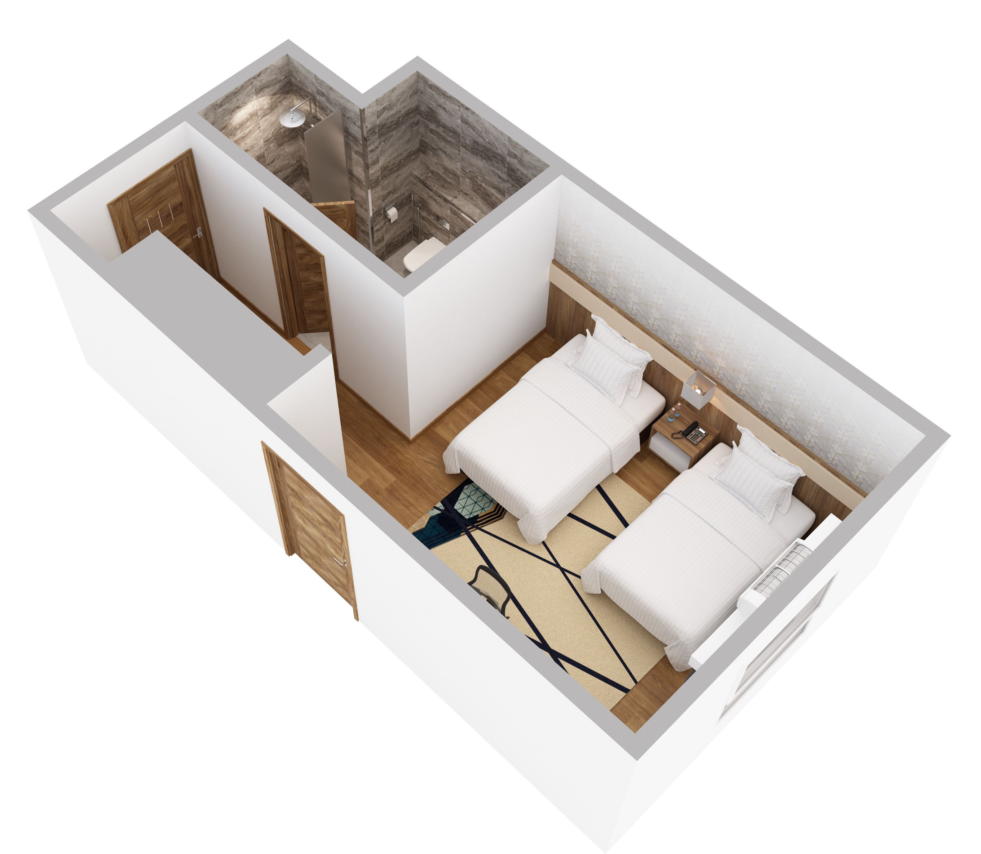 A 3D floor plan of a hotel room with two beds, a bathroom, and a small sitting area.